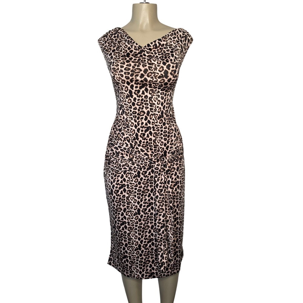 Julia by Love J Dress Womens XL Brown Leopard Print Cowl Neck Knot Front Midi